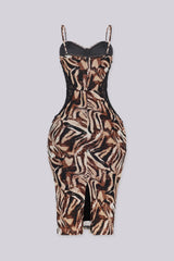 Sultry printed mesh midi dress with sheer lace side panels, back view.