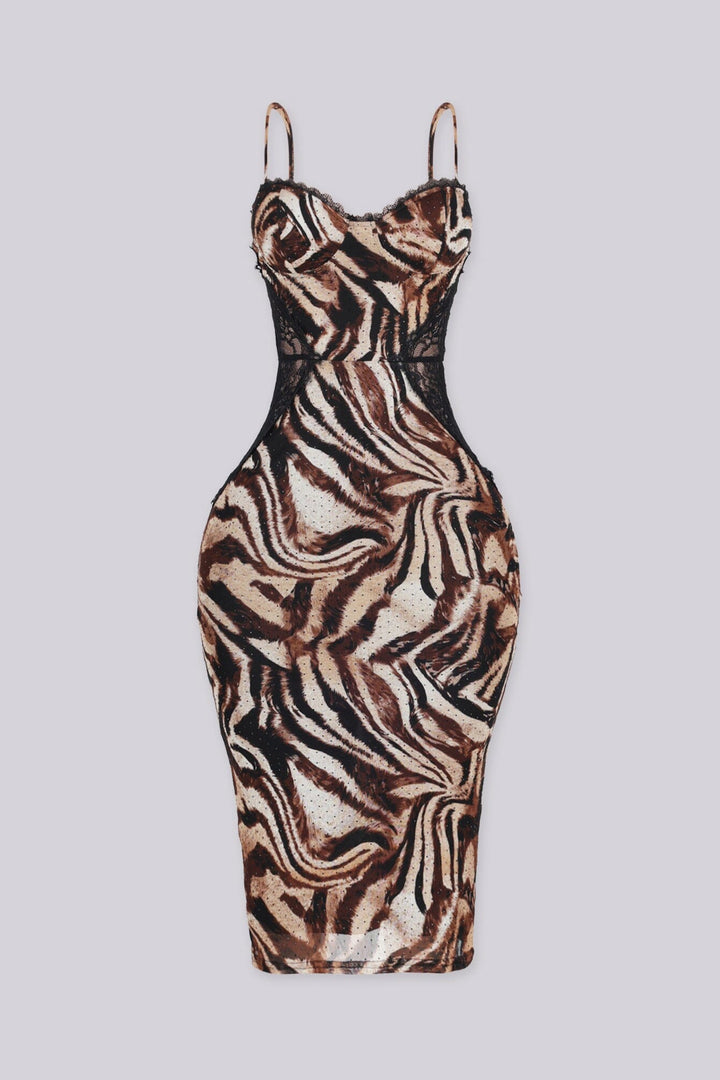 Sultry printed mesh midi dress with sheer lace side panels, front view.