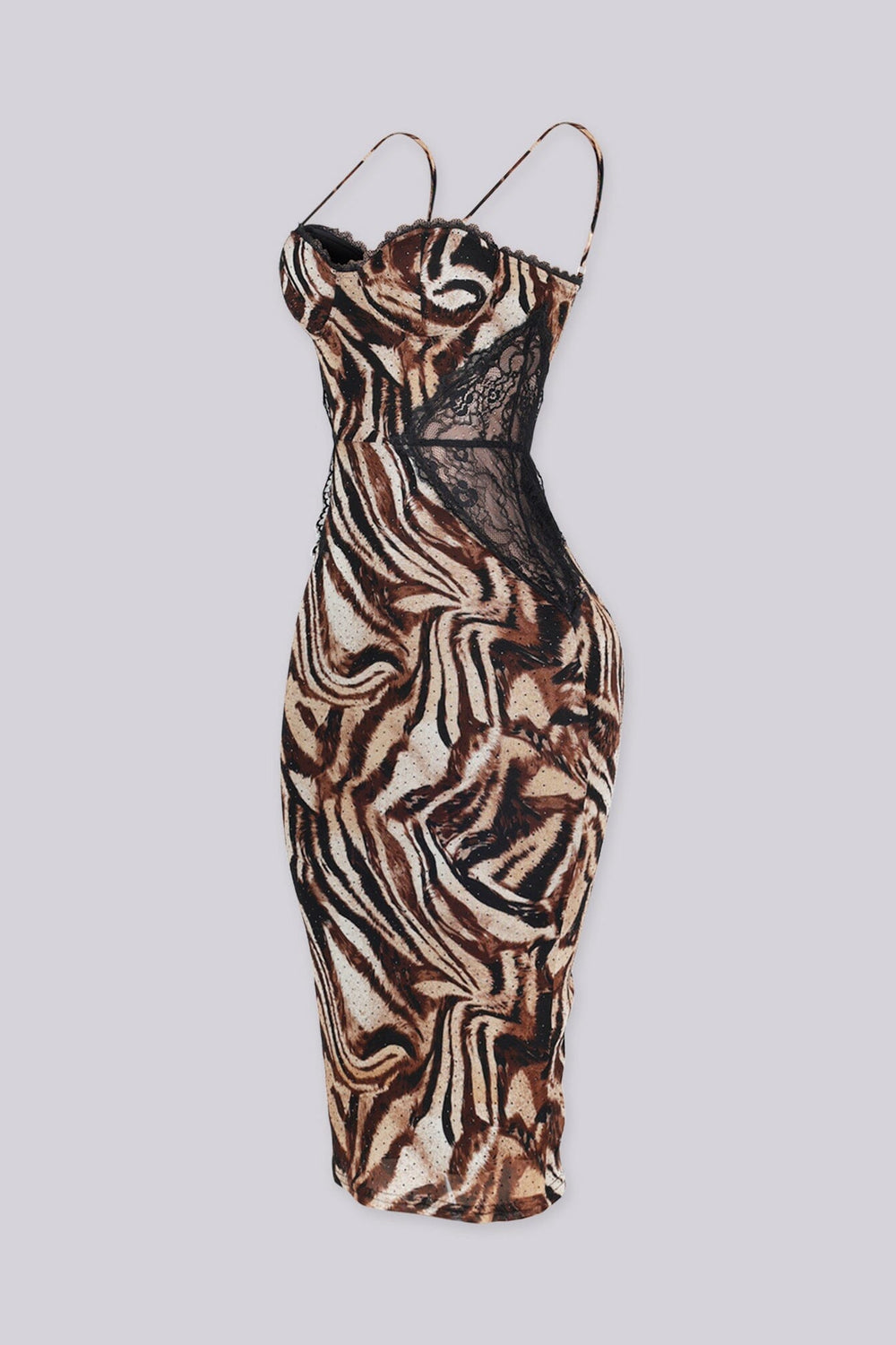 Sultry printed mesh midi dress with sheer lace side panels, side view.