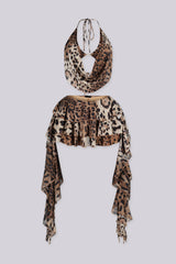 Plunging halter cowl neck top with adjustable strap at the neck,
Matching layered ruffle mini skirt 