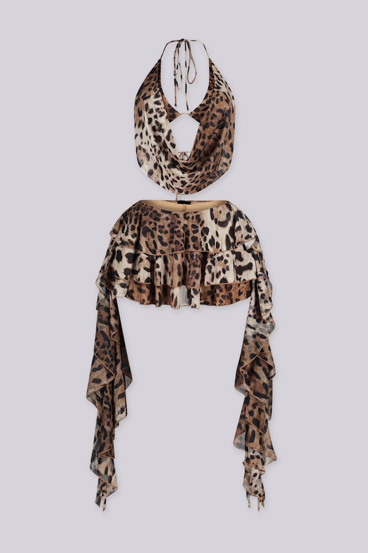 Plunging halter cowl neck top with adjustable strap at the neck,
Matching layered ruffle mini skirt 