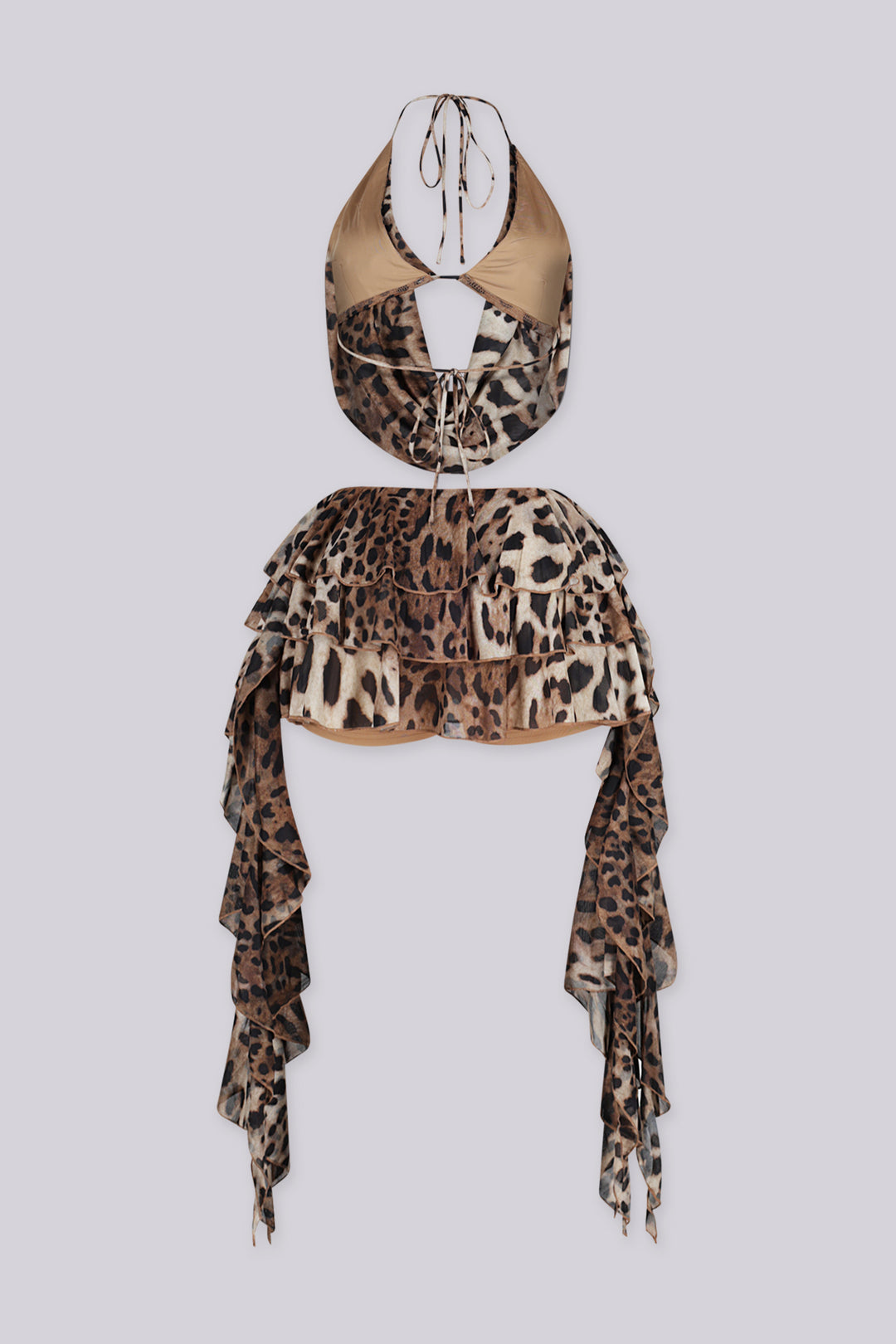 Plunging halter cowl neck top with adjustable strap at the neck,
Matching layered ruffle mini skirt 