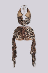 Plunging halter cowl neck top with adjustable strap at the neck,
Matching layered ruffle mini skirt 