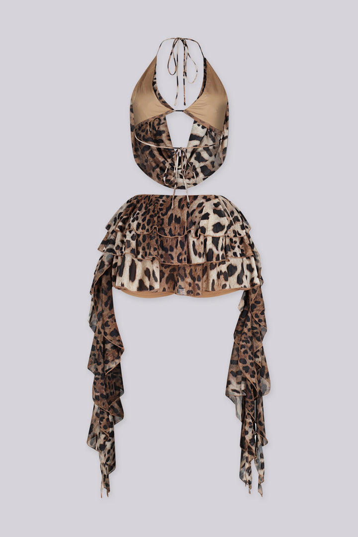 Plunging halter cowl neck top with adjustable strap at the neck,
Matching layered ruffle mini skirt 