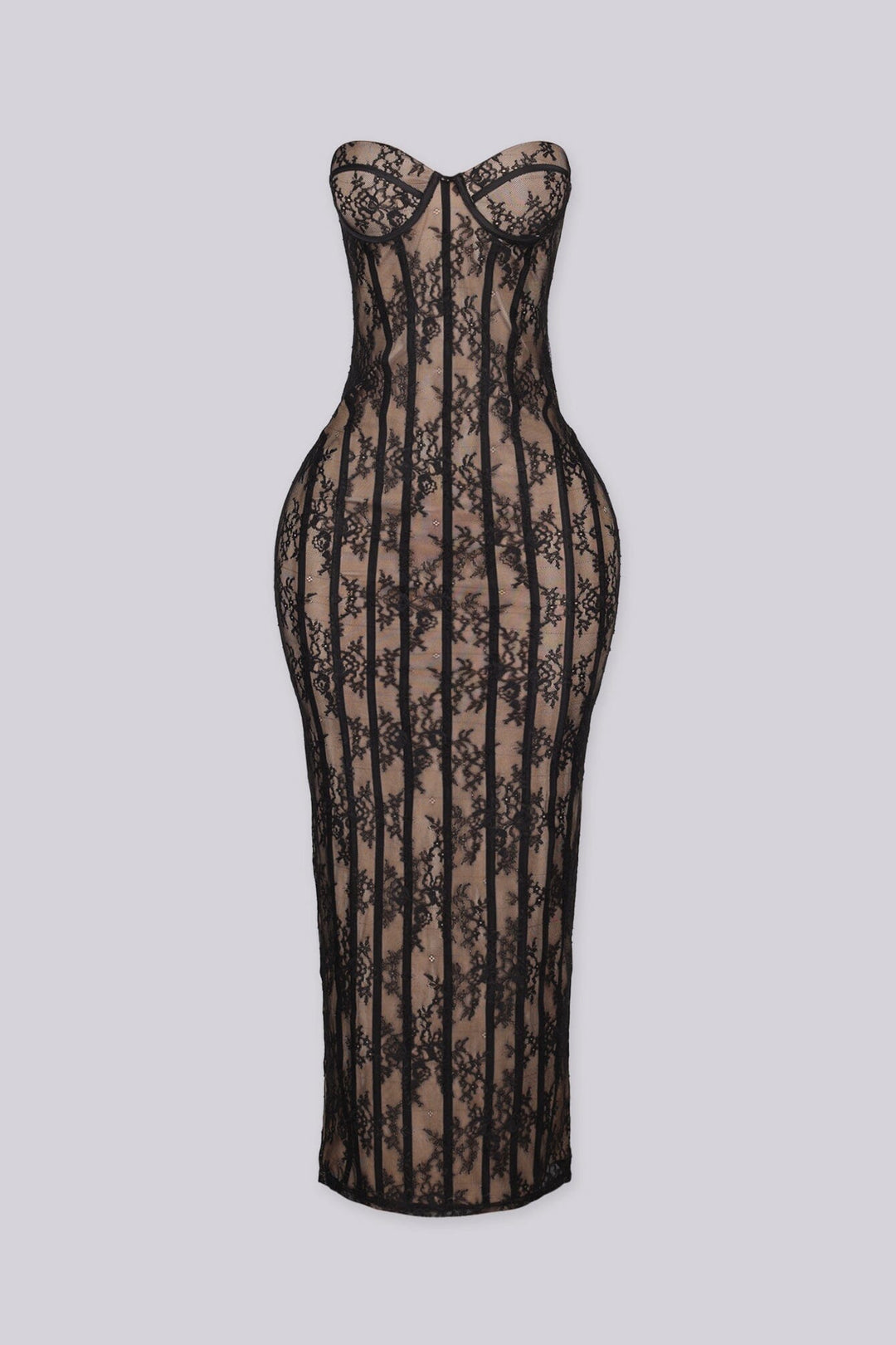 Strapless sweetheart lace midi dress with structured bust
Floral lace over nude lining with contrast banding and back hem slit