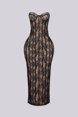 Strapless sweetheart lace midi dress with structured bust
Floral lace over nude lining with contrast banding and back hem slit