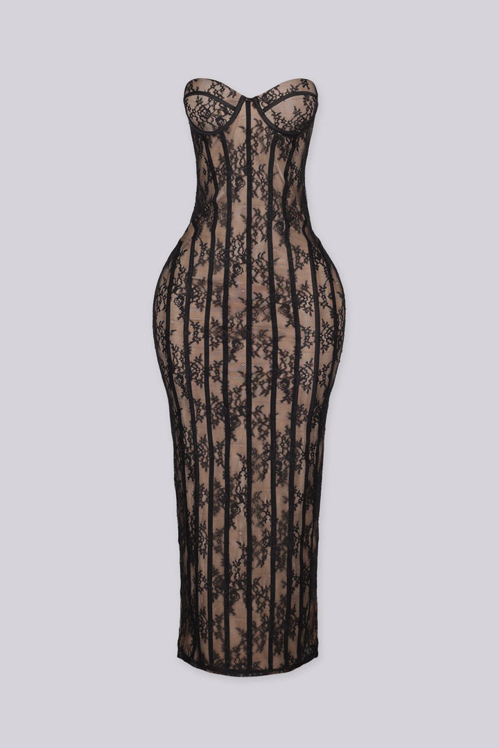 Strapless sweetheart lace midi dress with structured bust
Floral lace over nude lining with contrast banding and back hem slit
