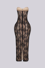Say Less Strapless Lace Corset Midi Dress