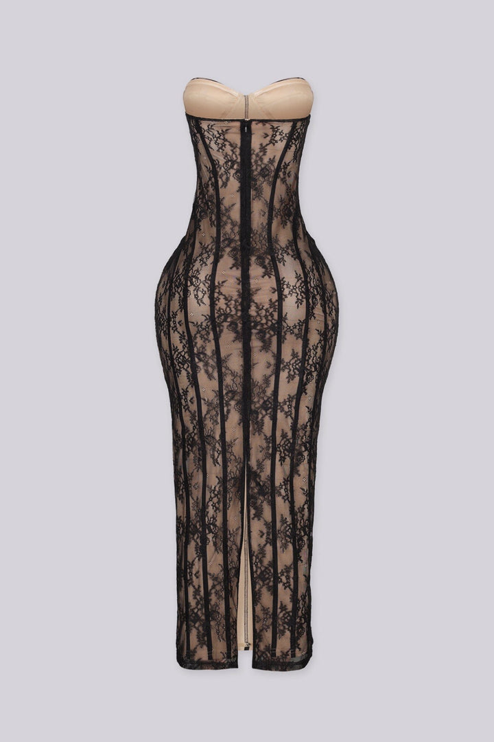Say Less Strapless Lace Corset Midi Dress