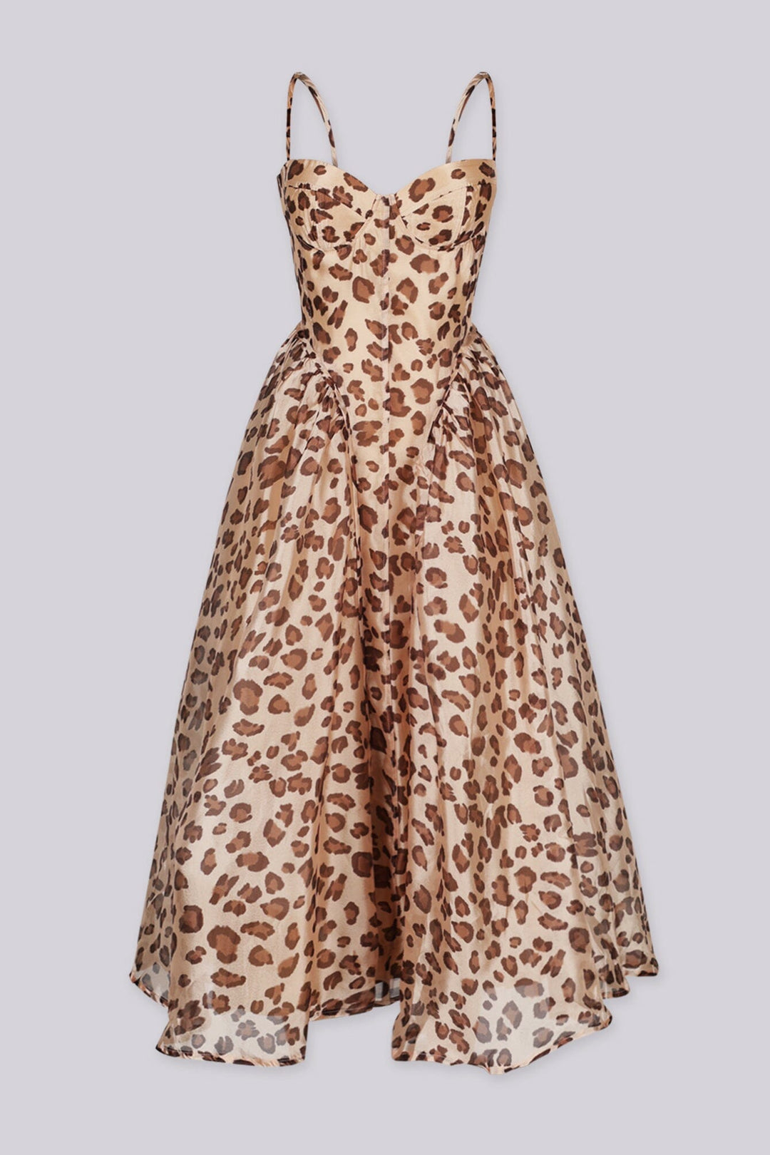 Leopard print maxi dress featuring a sweetheart corset bodice, Adjustable straps and a flowy gathered skirt with a flattering basque waist