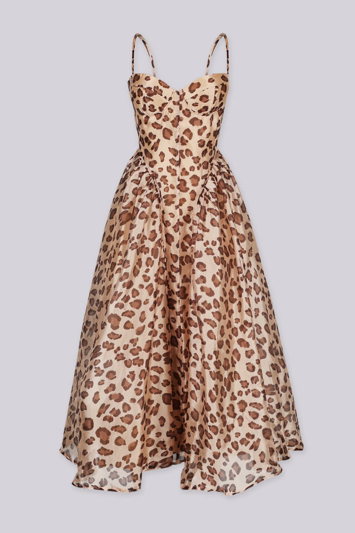 Leopard print maxi dress featuring a sweetheart corset bodice, Adjustable straps and a flowy gathered skirt with a flattering basque waist