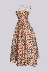 Leopard print maxi dress featuring a sweetheart corset bodice, Adjustable straps and a flowy gathered skirt with a flattering basque waist