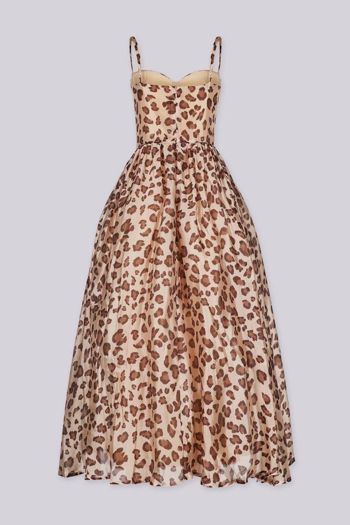 Leopard print maxi dress featuring a sweetheart corset bodice, Adjustable straps and a flowy gathered skirt with a flattering basque waist
