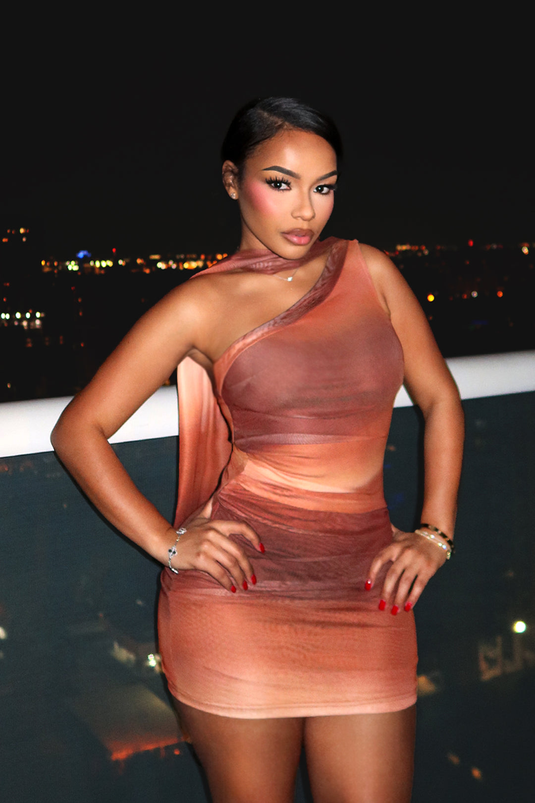 Cognac ombre one shoulder mini dress with draped scarf detail