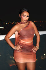Cognac ombre one shoulder mini dress with draped scarf detail
