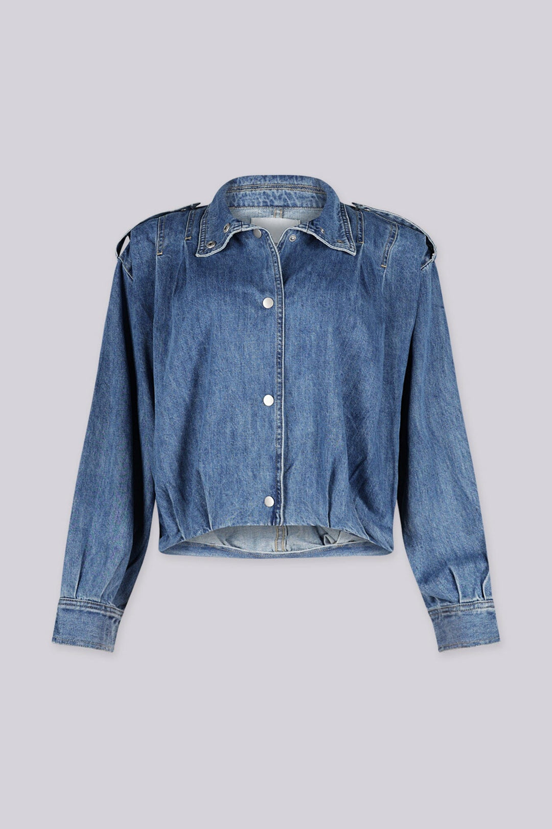 Long sleeves cropped denim jacket with decorative button collar and shoulder tabs