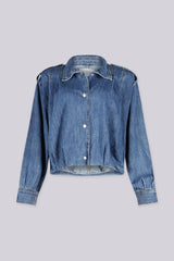 Long sleeves cropped denim jacket with decorative button collar and shoulder tabs