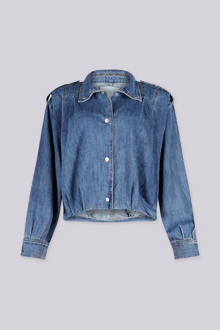 Long sleeves cropped denim jacket with decorative button collar and shoulder tabs