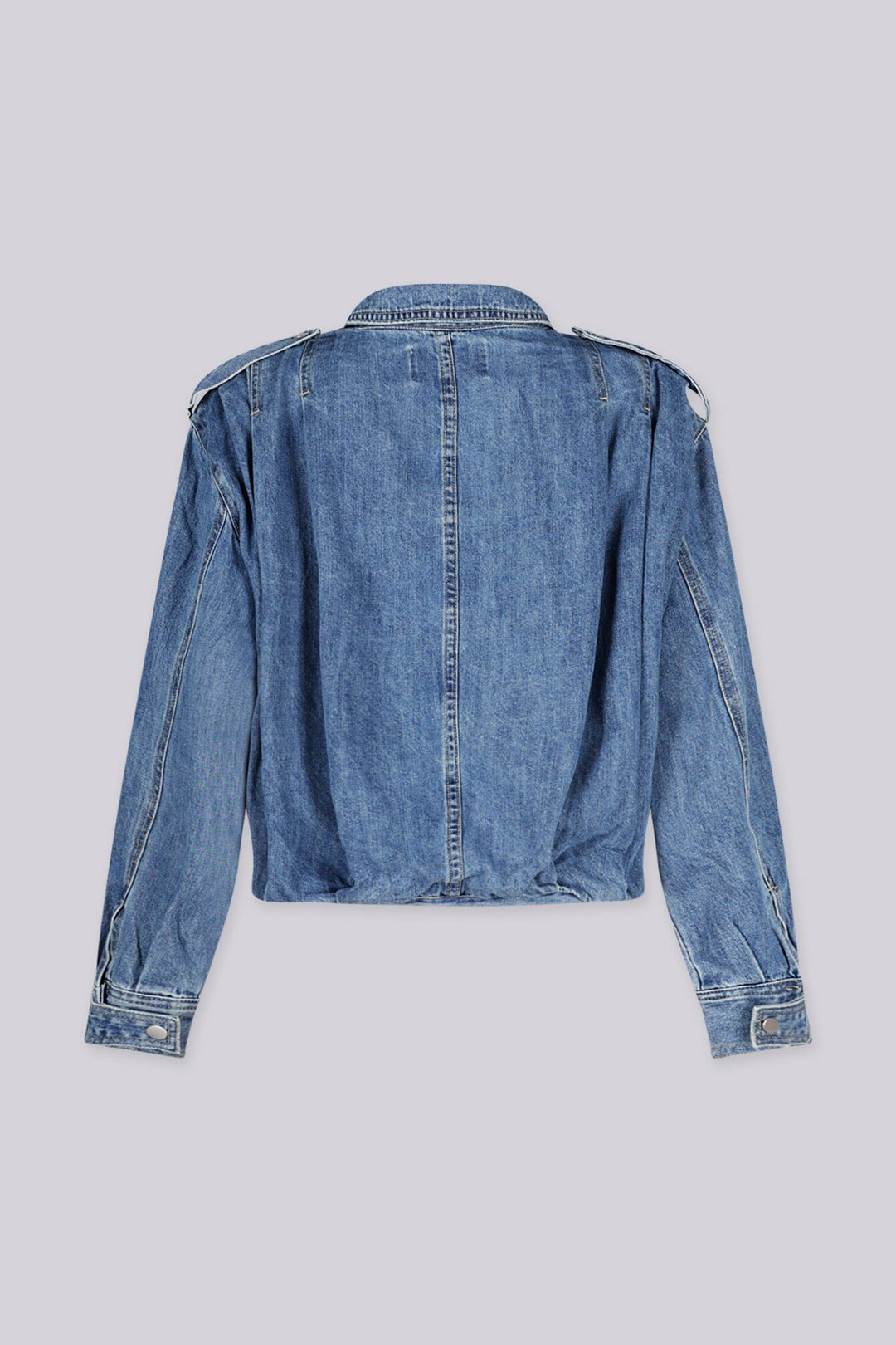 Long sleeves cropped denim jacket with decorative button collar and shoulder tabs