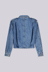 Long sleeves cropped denim jacket with decorative button collar and shoulder tabs