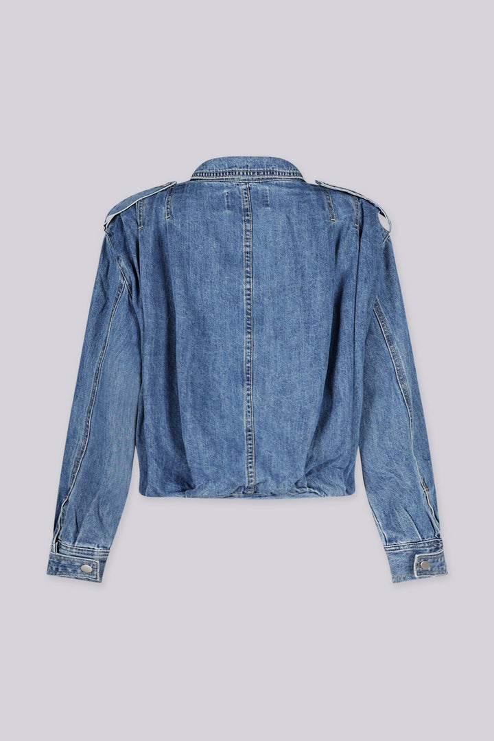 Long sleeves cropped denim jacket with decorative button collar and shoulder tabs