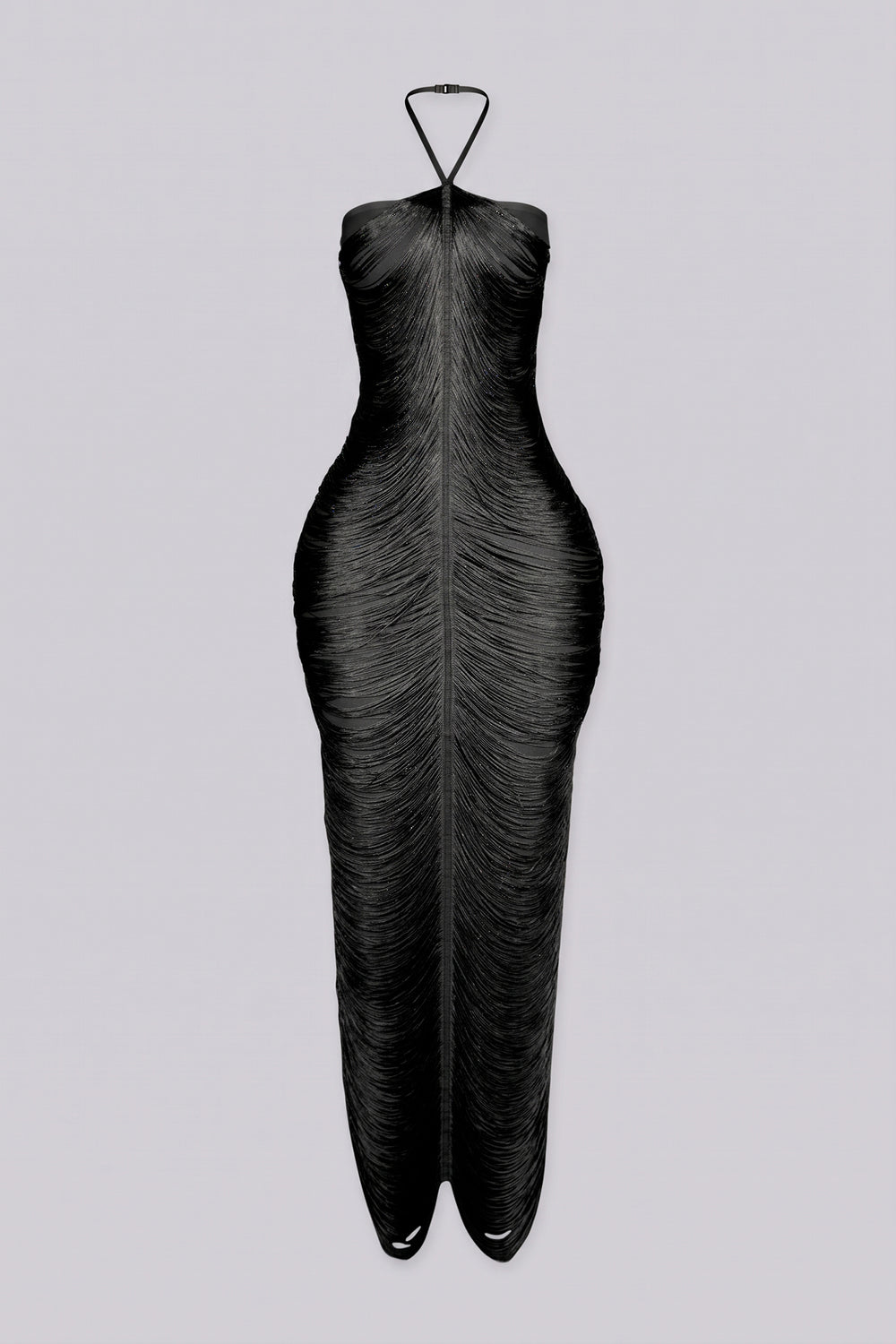 Thin spaghetti strap halter neckline bandage dress with a fitted column silhouette