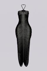 Thin spaghetti strap halter neckline bandage dress with a fitted column silhouette
