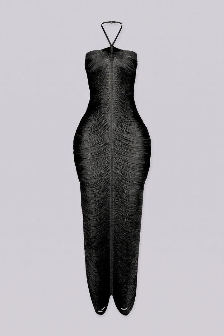 Thin spaghetti strap halter neckline bandage dress with a fitted column silhouette
