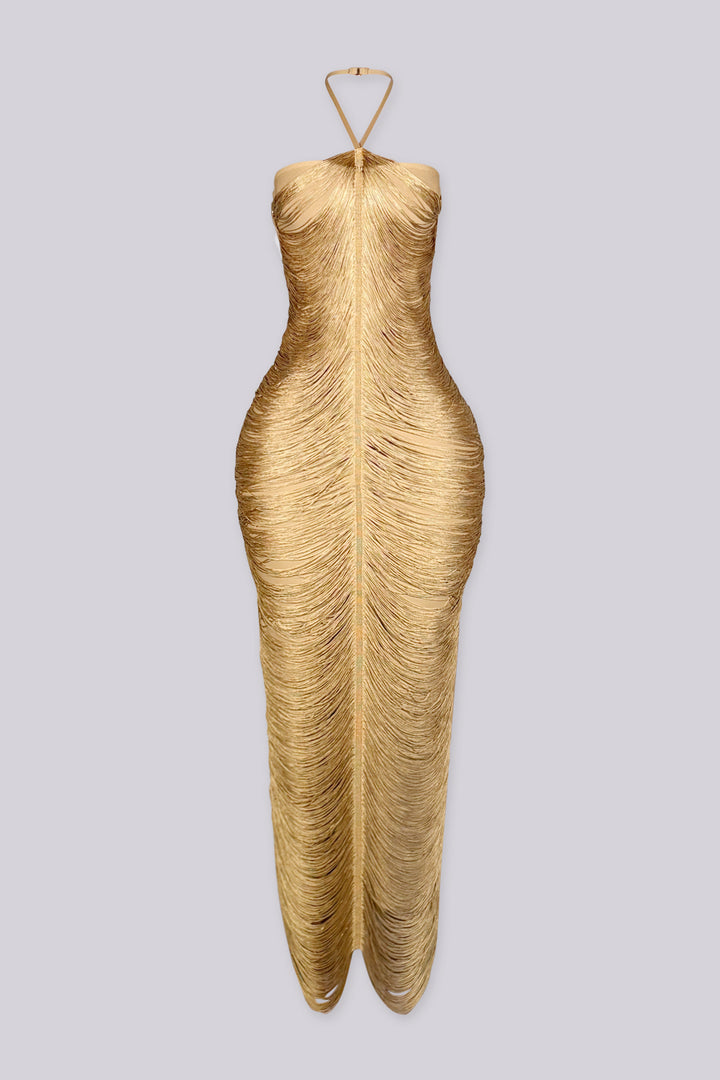 Thin spaghetti strap halter neckline bandage dress with a fitted column silhouette