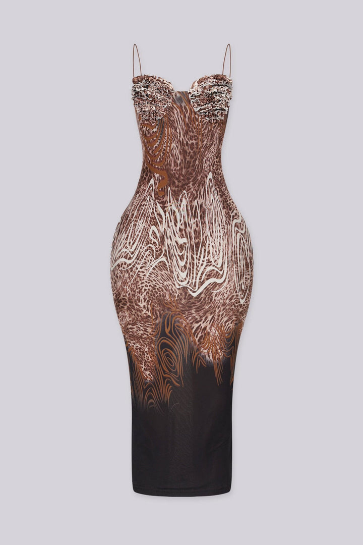 Leopard ruffle body con midi dress with spaghetti straps and sweetheart neckline, Back zipper closure