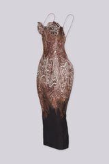 Leopard ruffle body con midi dress with spaghetti straps and sweetheart neckline, Back zipper closure