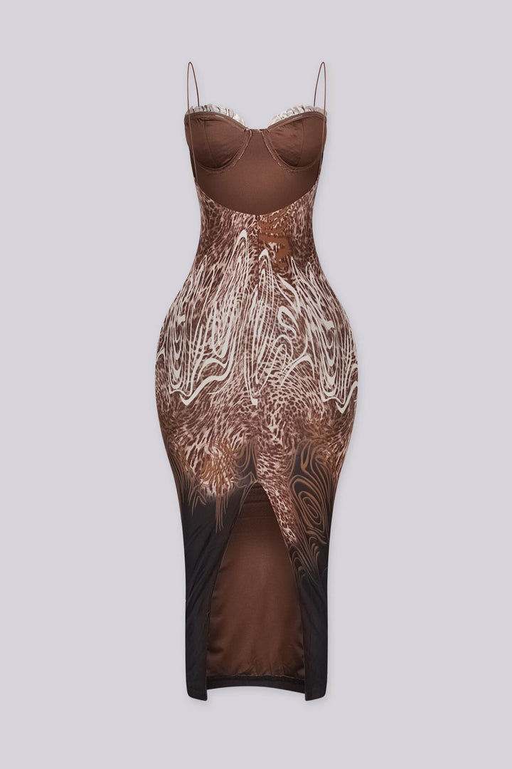 Leopard ruffle body con midi dress with spaghetti straps and sweetheart neckline, Back zipper closure