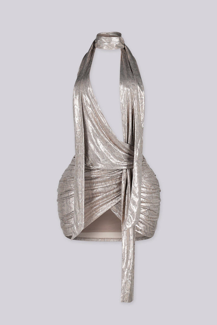 Halter mini dress with metallic snake print
Cowl neckline with attached scarf detail
Silicone grip tape along the neckline