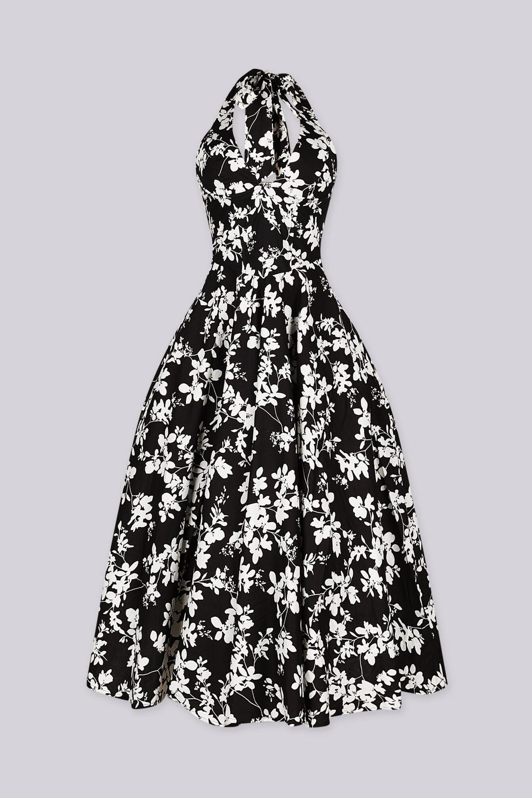 EDGE — black and ivory floral print halter midi dress, front view flat lay