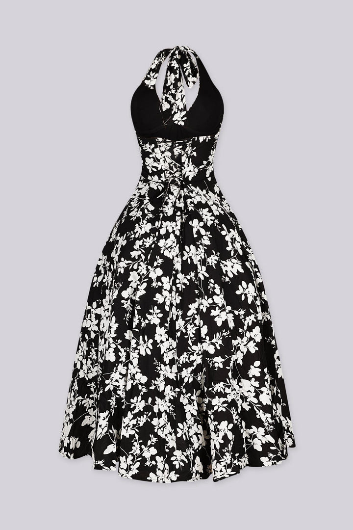 EDGE — black and ivory floral print halter midi dress, front view flat lay showing the lace-up bodice detail