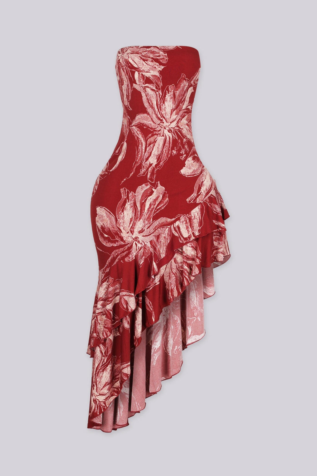 Tube top midi dress featuring botanical floral print throughout, Asymmetric ruffle hem flowy silhouette