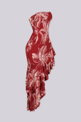 Tube top midi dress featuring botanical floral print throughout, Asymmetric ruffle hem flowy silhouette