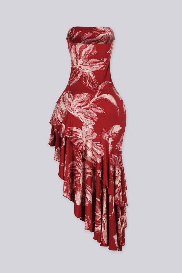 Tube top midi dress featuring botanical floral print throughout, Asymmetric ruffle hem flowy silhouette