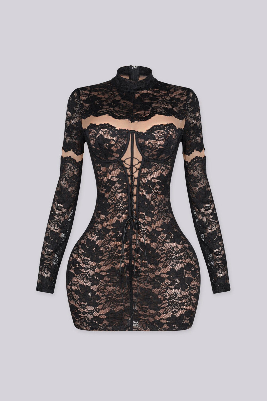 Sheer floral lace mini dress with high mock neckline and long fitted sleeves featuring lace up detailing at center front