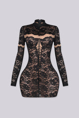 Sheer floral lace mini dress with high mock neckline and long fitted sleeves featuring lace up detailing at center front