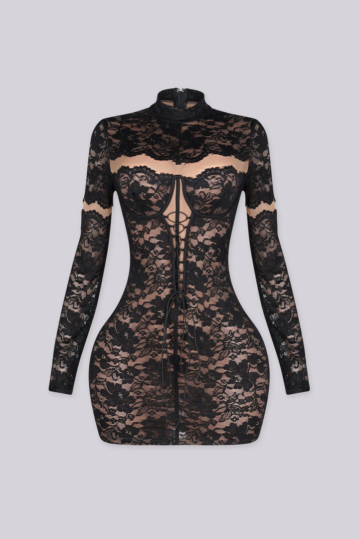 Sheer floral lace mini dress with high mock neckline and long fitted sleeves featuring lace up detailing at center front