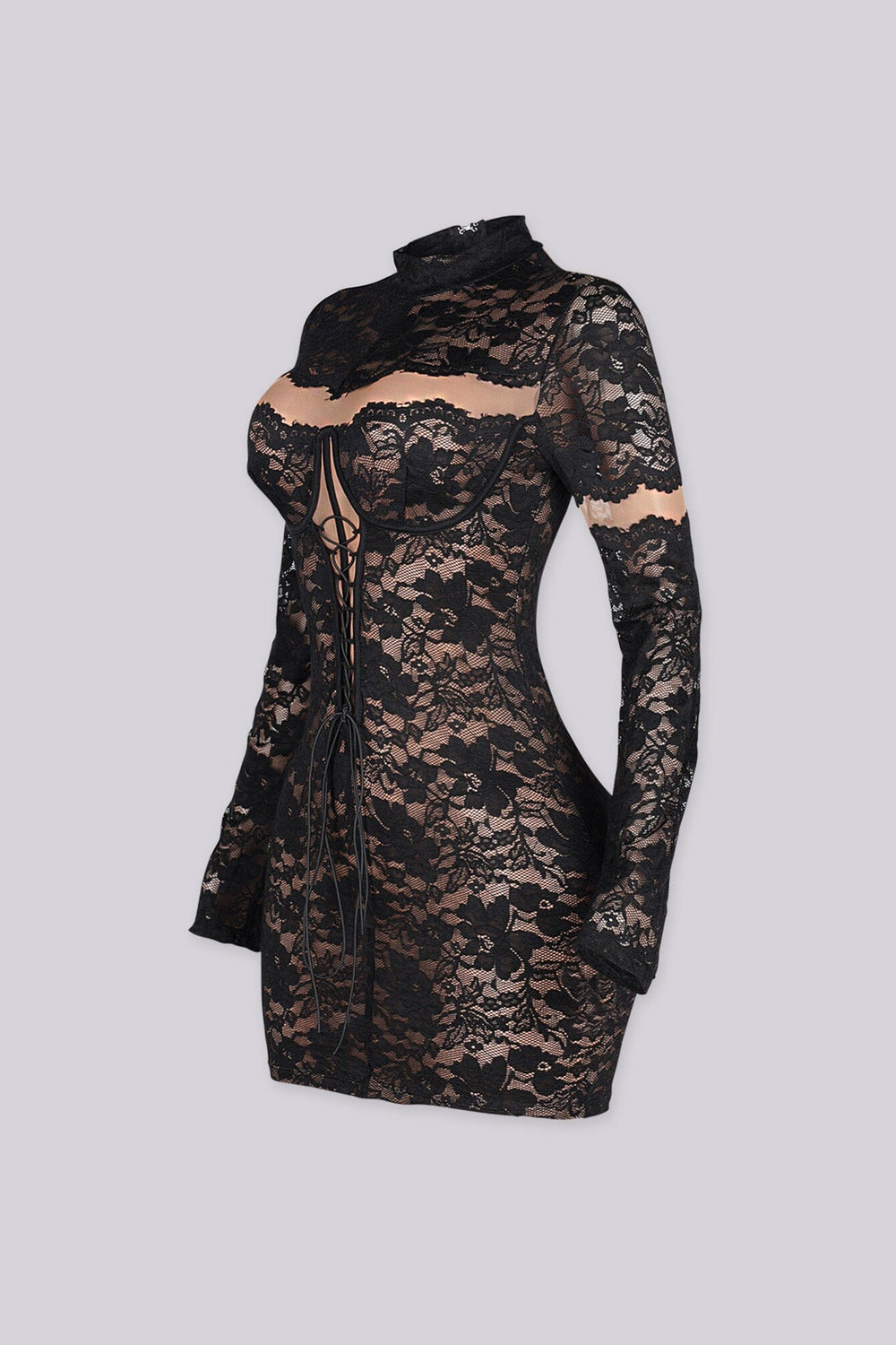 Sheer floral lace mini dress with high mock neckline and long fitted sleeves featuring lace up detailing at center front