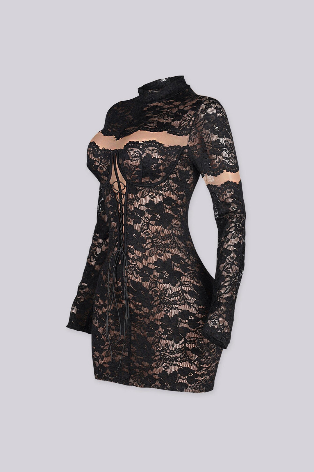 Sheer floral lace mini dress with high mock neckline and long fitted sleeves featuring lace up detailing at center front