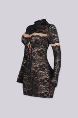 Sheer floral lace mini dress with high mock neckline and long fitted sleeves featuring lace up detailing at center front