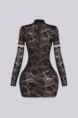 Sheer floral lace mini dress with high mock neckline and long fitted sleeves featuring lace up detailing at center front