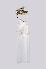 Crochet one shoulder dress with gold sequin accents on top featuring asymmetrical fringe hem