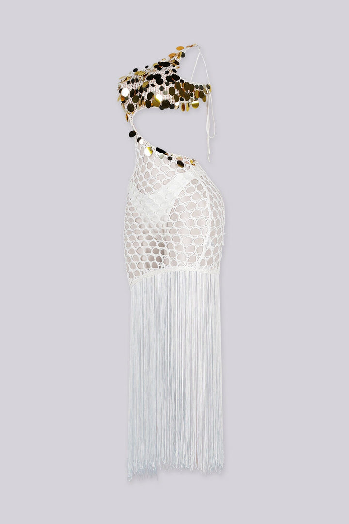 Crochet one shoulder dress with gold sequin accents on top featuring asymmetrical fringe hem