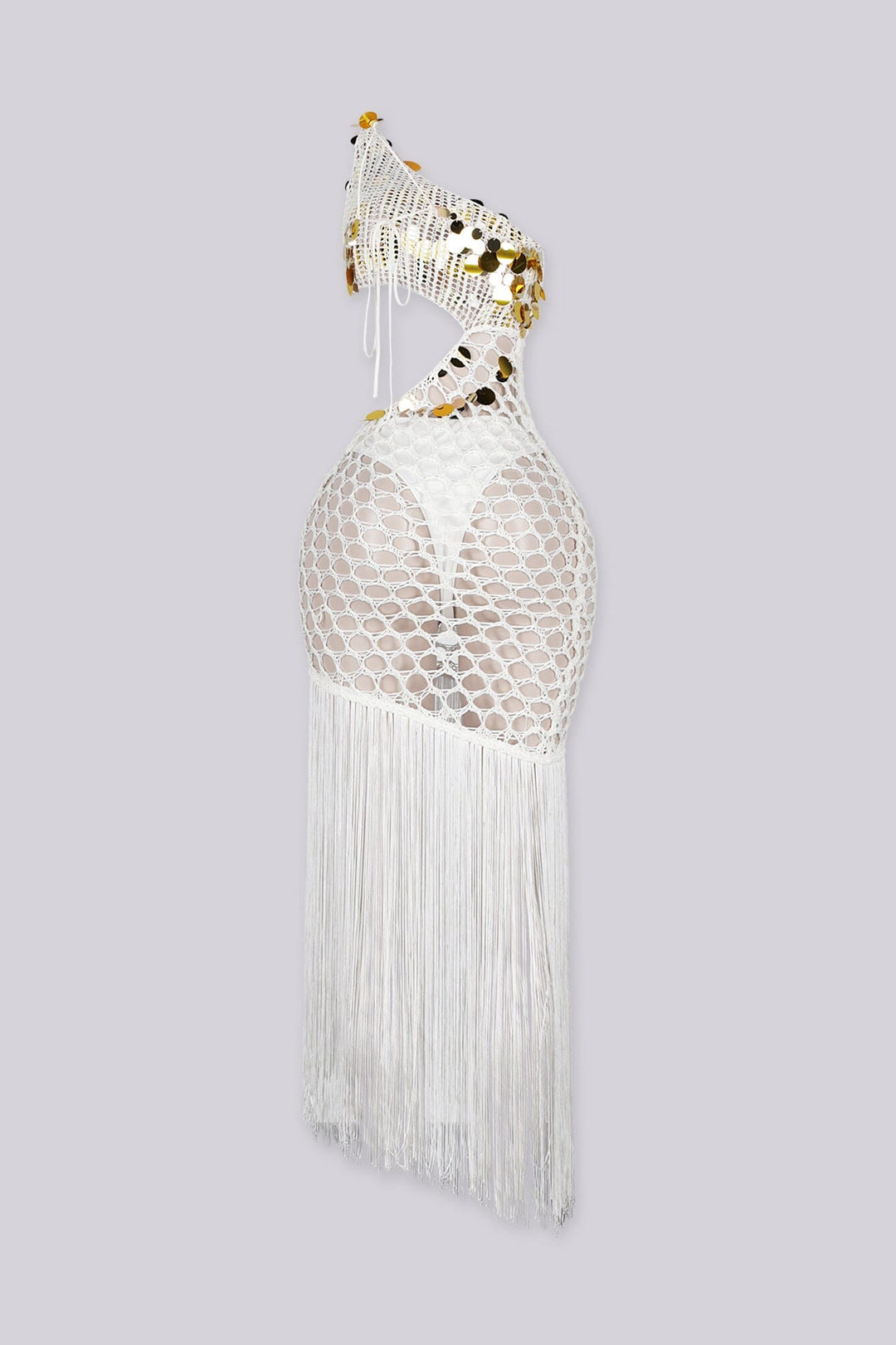 Crochet one shoulder dress with gold sequin accents on top featuring asymmetrical fringe hem