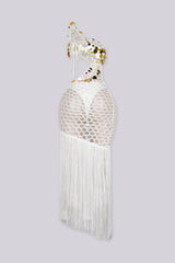 Crochet one shoulder dress with gold sequin accents on top featuring asymmetrical fringe hem
