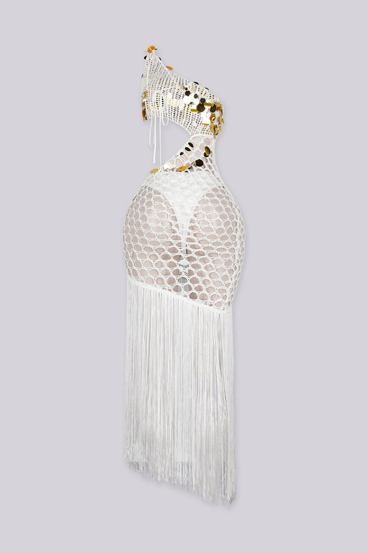 Crochet one shoulder dress with gold sequin accents on top featuring asymmetrical fringe hem